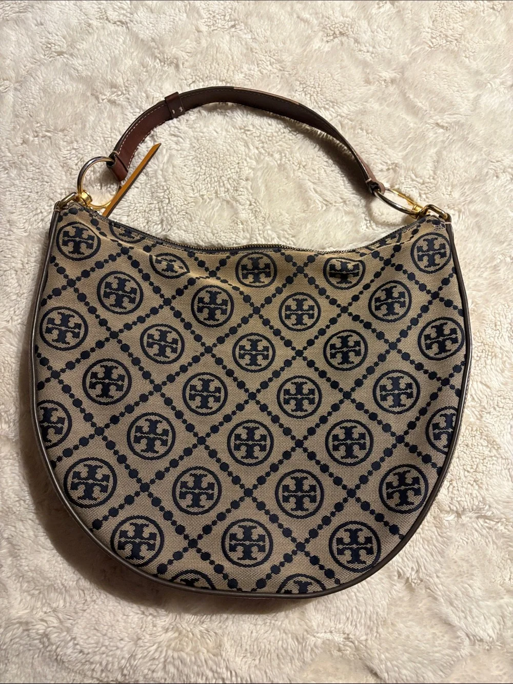Tory Burch Beige and Black Logo Shoulder Hobo